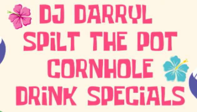 DJ Darryl, Split the Pot, Cornhole, and Drink Special poster with flamingos and flowers